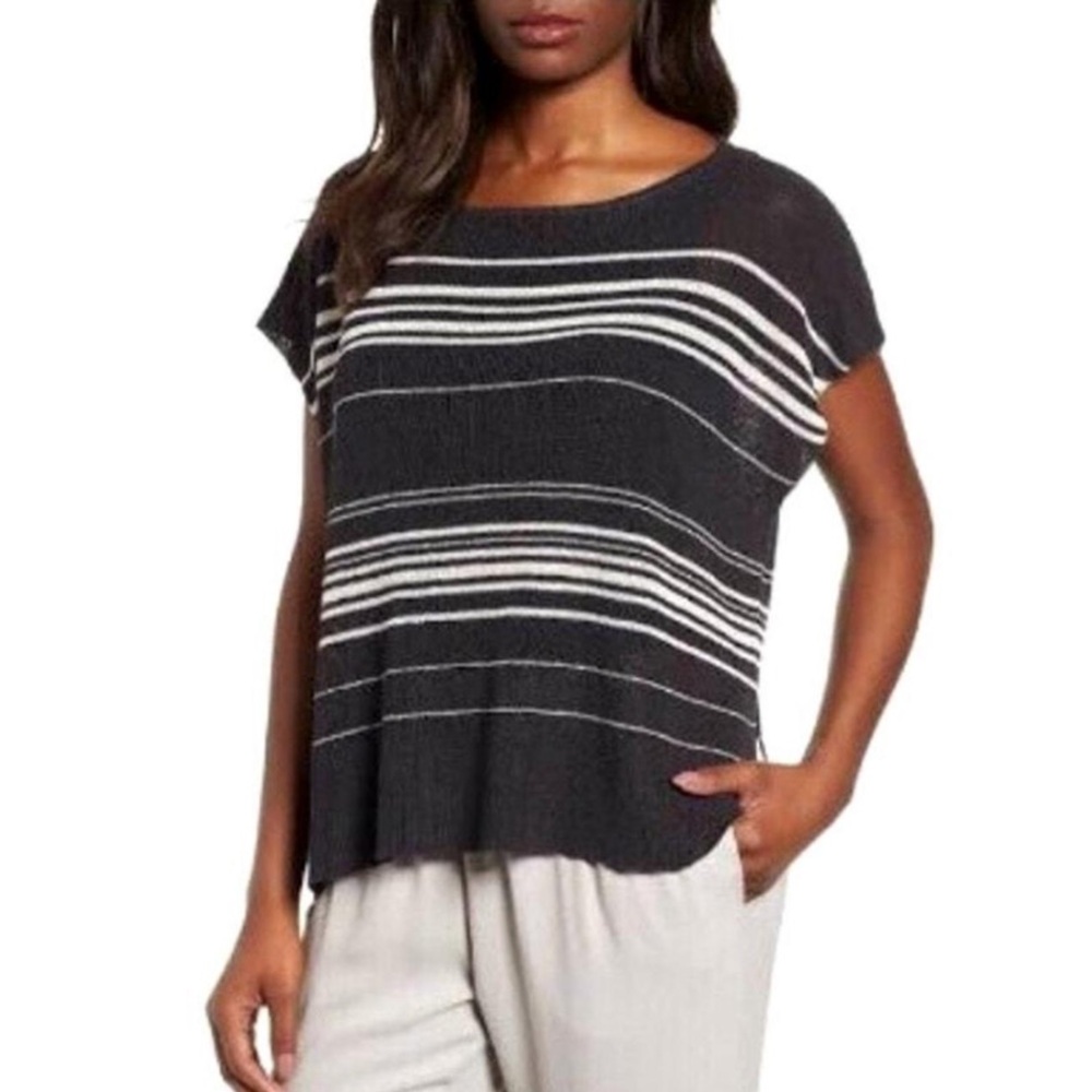 J20 Eileen Fisher Fine Linen Crepe Knit‎ Poncho Top Graphite/Bone